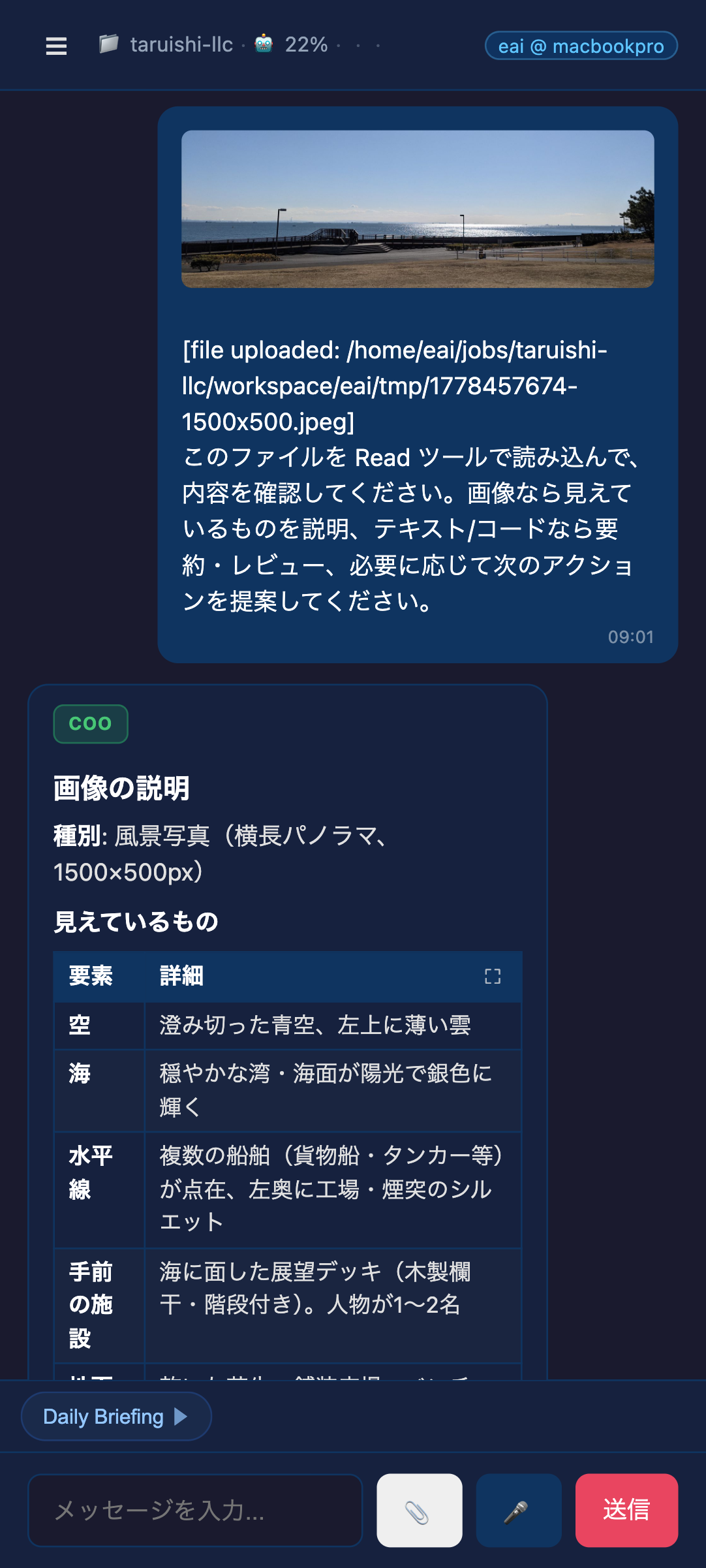 EntreprenAIs chat-app — 写真をアップロードして経営 AI がその場で分析・ディスカッションを開始する画面